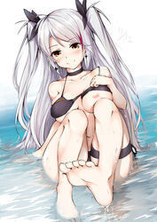 1girls ahoge azur_lane bangs barefoot bikini bikini_lift black_bikini black_choker black_ribbon blush breasts choker closed_mouth collarbone earrings eyebrows_visible_through_hair female flag_print full_body german_flag hair_ribbon highlights iron_cross jewelry large_breasts lifted_by_self long_hair looking_at_viewer multicolored_hair nakareki navel nipples one_breast_out prinz_eugen_(azur_lane) ribbon side-tie_bikini silver_hair sitting smile soles solo streaked_hair swept_bangs swimsuit thigh_strap two_side_up very_long_hair water wet yellow_eyes