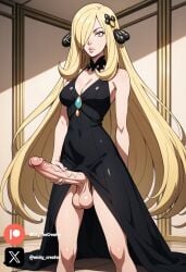 ai_generated big_breasts big_penis black_dress blonde_female blonde_hair cock colored cynthia_(pokemon) dick dress fluids futanari futanari/female grey_eyes penis pokemon sexy sexy_body sexy_pose testicles white_body white_girl white_skin