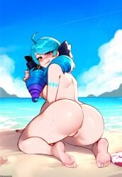 1female 1girls ai_generated anemoi ass ass_focus beach blue_hair blush clouds feet female genitals gwen_(league_of_legends) league_of_legends long_hair looking_at_viewer looking_back naked outdoors outside pussy riot_games sand sky soles solo solo_female solo_focus sweat sweatdrop sweaty toes tongue tongue_out vagina