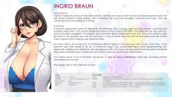 2022 black_skirt blue_eyes blue_topwear brown_hair character_bio character_height character_name character_profile character_sheet character_weight college_nurse erkaz erkazooya errorkazoo german_female glasses ingrid_braun_(errorkazoo) lab_coat nurse serious_face serious_look university_nurse white_coat