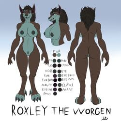 anthro breasts brown_fur canine claws female fur furryrex_(artist) hair long_hair mammal mane mature_female model_sheet nipples nude paws pubes roxley standing video_games voluptuous warcraft were werewolf worgen