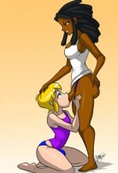 1femboy 1futa 2d 2d_(artwork) aeolus06_(style) ai_generated balls_in_panties black_hair black_hair_futa blonde_hair blonde_hair_femboy blondshell blowjob blue_eyes blue_panties chocolate_and_vanilla civitai dark-skinned_futanari dark_skin dreadlocks fellatio femboy femboysub futa_on_male futadom futanari hand_on_head light-skinned_femboy light_skin neck_length_hair oral oral_sex panties purple_tank_top tank_top twink white-skinned_femboy white_skin white_tank_top