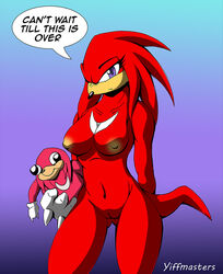 2018 anthro black_nose blue_eyes breasts dialogue echidna english_text eyelashes female fur hair knuckles_the_echidna mammal meme monotreme navel nipples nude plushie red_fur red_hair rule_63 sonic_(series) text ugandan_knuckles yiffmasters