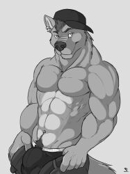 abs anthro body_hair bulge canid canine canis clothed clothing detailed_bulge ear_piercing ear_ring eyebrow_piercing eyebrow_ring facial_piercing happy_trail hat headgear headwear hybrid looking_at_viewer male male_anthro mammal monochrome muscular muscular_anthro muscular_male narrowed_eyes open_bottomwear open_clothing pecs piercing ravidwolf ring_piercing simple_background solaxe solaxe_(artist) solo standing topless wolf