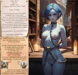 ai_generated anime blue_eyes blue_hair blue_skin bondage bounty_hunters chains collar dryad edited elf_ears fantasy female fictional market naked nude photoshop roleplay slave slavegirl slavery small_boobs small_breasts small_tits waifu waifumarket