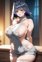 ai_generated ambiguous_imagination areola_slip blue_eyes blue_hair hololive hololive_english huge_breasts looking_at_viewer milf ouro_kronii short_hair thick_ass thick_thighs virgin_killer_sweater