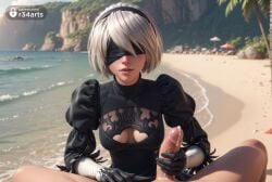 1boy 1boy1girl 1girls 2b_(nier:automata) ai_generated artist_name beach black_blindfold black_dress black_gloves black_hairband blindfold breasts cleavage cleavage_cutout clothed_female_nude_male clothing_cutout covered_eyes cum cum_on_penis day dress erection facing_viewer feather-trimmed_sleeves glansjob gloved_handjob gloves hairband handjob hi_res lips long_sleeves medium_breasts mole mole_under_mouth nier:_automata nier_(series) nier_replicant nude ocean outdoors palm_tree parted_lips penis pov pov_crotch r34arts sand short_hair solo_focus straight tree uncensored water white_hair yorha_2b