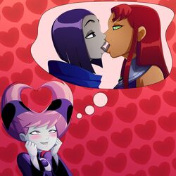 3girls alien_girl bare_shoulders biting_lip blue_cloak blush bob_cut cartoon_network cloak colored_skin couple dc dc_comics demon_girl duo duo_focus eye_contact female female/female female_only forehead_jewel french_kiss french_kissing gradient_background green_eyes green_sclera grey_skin half-closed_eyes hands_up heart heart_background imagining jewelry jinx_(dc) kissing koriand'r lesbian long_hair looking_at_another looking_up love multiple_females multiple_girls mutual_yuri open_mouth pink_eyes pink_hair purple_eyes purple_hair rachel_roth raven_(dc) ravenravenraven red_background red_hair romantic romantic_couple short_hair sidelocks starfire straight_hair tamaranean teen_titans tongue tongue_out upper_body yuri