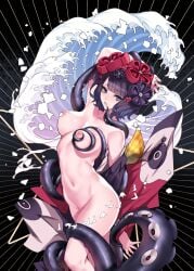 1girls artistic_nude artistic_nudity ban!_(bansankan) belly belly_button black_hair blue_eyes breasts fate/grand_order fate_(series) female hair_ornament katsushika_hokusai_(fate) knees light_skin medium_breasts naked naked_female nipples nude nude_female tentacle tentacle_grab thighs wave waves