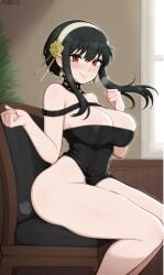 afrobull_(style) ai_generated big_breasts big_thighs black_hair clothed edited female yor_briar