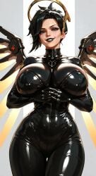 1girls ai ai_assisted ai_generated angela_ziegler black_latex dominatrix dominatrix_outfit evil_smile latex latex_suit mercy mercy_(overwatch) overwatch overwatch_2