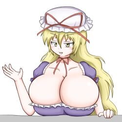 big_breasts blonde_female blonde_hair blush blushing_at_viewer breasts busty busty_female cleavage huge_breasts ribbon touhou touhou_project voluptuous voluptuous_female yakumo_yukari yellow_eyes yukari_yakumo