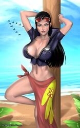 beach big_breasts black_hair blue_eyes cleavage female female_only glasses hands_up nico_robin one_piece pinup sarong sunglasses ziz_second