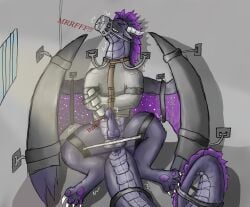 absurd_res avox avox_(artist) balls bondage bondage_gear bound claws clenched_teeth closed_eyes cuff_(restraint) desperation dragon edging feral fur genitals groan hair hi_res knot knotted_penis male male_only mask muzzle_(object) muzzled mythological_creature mythological_scalie mythology orgasm_denial pawpads paws penis pherodrake prison purple_body purple_fur purple_hair purple_penis questionable_consent restraints scalie sex_toy solo spread_legs spreader_bar spreading straitjacket tail tail_tied teasing teeth toe_claws vibrator wand_vibrator wings wings_tied