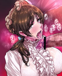 1boy bar_censor blouse bra breasts brown_eyes brown_hair censored dark-skinned_male drooling face_rape female flower hair_flower hair_ornament hand_on_another's_head highres idolmaster idolmaster_cinderella_girls imminent_fellatio large_breasts long_hair nitta_minami open_mouth penis rape ruffles saliva see-through stray_pubic_hair sweat tears tongue tongue_out underwear warainaku white_blouse white_shirt