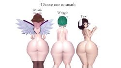 3d 3girls ass ass_chart ass_comparison ass_focus big_ass big_butt black_hair bottom_heavy bubble_butt caked_up completely_nude completely_nude_female fat_ass female female_only flat_chest gesture green_hair huge_ass huge_butt hugeassfan koikatsu large_ass light-skinned_female light_skin looking_at_viewer looking_back multiple_girls mystia_lorelei naked naked_female nude nude_female pink_hair rabbit_ears round_ass shiny_ass shiny_skin short_hair shortstack small_breasts tewi_inaba text thick_ass tongue tongue_out touhou white_background wide_hips wriggle_nightbug