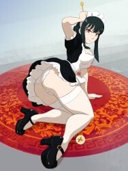 1girls apron ass black_hair breasts furboz hairbun high_heels large_breasts looking_at_viewer maid maid_apron maid_headdress maid_uniform milf panties red_eyes spy_x_family thighhighs upskirt white_panties yor_briar yor_forger