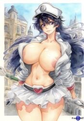 ai_generated areola areola_slip bambietta_basterbine big_breasts bleach blue_eyes busty city city_background color female female_focus female_only hat huge_breasts jacket large_breasts long_hair narrow_waist nude_jacket open_clothes priestofart skirt tagme tagme_(artist) tagme_(character) thick_thighs thin_waist upskirt watermark wide_hips