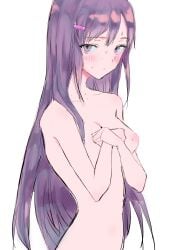 1female 1girls breasts covering covering_breasts covering_self doki_doki_literature_club edit edited female long_hair nipples popopo_(pixiv_user_id_23120768) purple_eyes purple_hair yuri_(doki_doki_literature_club)