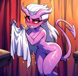 ai_generated demon demon_girl demon_horns demon_tail demoness glasses helluva_boss horns mayberry_(helluva_boss) pink_body pubic_hair pussy siren-module teacher towel wet white_hair