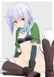 belly bottomless chris_(konosuba) clothing convenient_censoring sirokohi skinny skinny_girl smirk thief thin white_hair