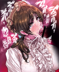 1boy 1girls bar_censor blouse bra breasts brown_eyes brown_hair censored dark-skinned_male deepthroat drooling face_fucking face_rape facefuck fellatio female flower hair_flower hair_ornament hand_on_another's_head highres idolmaster idolmaster_cinderella_girls irrumatio large_breasts long_hair nitta_minami oral penis rape ruffles saliva see-through slim stray_pubic_hair sweat tears throat_abuse throat_fuck throat_pounding tight_throat underwear warainaku white white_blouse white_shirt