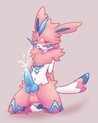 animal_genitalia anthro anthro_only balls belly big_penis blue_body blue_eyes blue_fur blue_penis blush blush_lines bodily_fluids canine_penis cum eeveelution ejaculation fur fur_tuft furry furry_male furry_only fusion genital_fluids genitals grumpy hands-free hands_behind_back hi_res kazeeame kneeling kneeling_on_ground leaking_precum male moan narrowed_eyes nintendo pawpads paws penis pink_balls pink_body pink_fur pokemon pokemon_(species) pokemon_fusion precum pupils solo squint sylveon tail thick_thighs tuft white_fur white_pupils zeraora