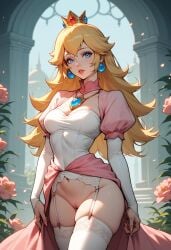 1girls ai_generated amulet blonde_hair_female blue_eyes_female crown dress earrings female female_only garter_belt_leggings garter_straps human jewelry long_hair_female looking_at_viewer mario_(series) necklace nintendo no_panties princess princess_peach pussy royalty solo_female super_mario_bros. voxuncaged