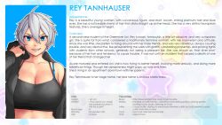 2022 big_breasts black_topwear blue_eyes character_bio character_height character_name character_profile character_sheet character_weight college college_student erkaz erkaz_(artist) erkazooya errorkazoo hoodie_removed large_breasts rey_(errorkazoo) rey_tannhauser_(errorkazoo) short_hair smiling smirk smirking tomboy university university_student white_hair