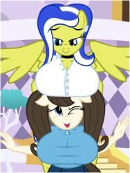 anthro big_breasts boobhat breasts button-up_shirt choker dizzy_strings_(oc) duo ear_piercing earth_pony female flashequestria height_difference huge_breasts lemon_frost_(oc) milf my_little_pony oc oc_only open_mouth patreon patreon_reward pegasus piercing polo_shirt show_accurate show_accurate_anthro source_needed twintails wings