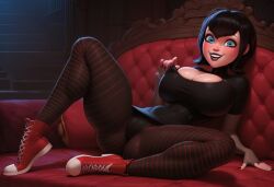 1girls ai_generated black_hair blue_eyes blush bodysuit civitai cleavage goth_girl hotel_transylvania huge_breasts looking_at_viewer mamely32 mavis_dracula open_mouth pantyhose short_hair sitting smile spread_legs thighhighs vampire