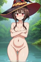 1girls ai_generated brown_hair caught_naked forest kono_subarashii_sekai_ni_shukufuku_wo! lake looking_at_viewer megumin naked naked_female nude nude_female pout pussy red_eyes thick_thighs wet wet_body wide_hips witch_hat