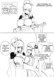 2koma alternate_breast_size anger_vein angry blackbow86 breast_grab breast_size_difference busty cleavage clothing english_text hair_bun hairband height_difference holding_weapon huge_breasts ishmael_(limbus_company) japanese_clothes kimono limbus_company long_hair military_hat monochrome multiple_girls multiple_persona neutral_expression o_o open_mouth project_moon shoulder_tattoo sidelocks speech_bubble surprised text tied_hair very_long_hair