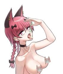 animal_ear_piercing animal_ears areola_slip black_bow black_choker bow braid breasts cat_ears cat_girl censored character_censor choker collarbone commentary_request condom cookie_(touhou) cum cum_in_mouth cum_on_tongue drinking_from_condom earrings extra_ears female gokkun hairbow jewelry jgknskdcfwnmnk_(cookie) jigoku_no_soko_de_coffee_wo_nomu_neko kaenbyou_rin large_breasts long_hair looking_at_viewer novelty_censor open_mouth piercing pink_eyes pink_hair simple_background solo stud_earrings tongue tongue_out tongue_piercing touhou twin_braids upper_body used_condom white_background