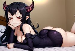 abyssal_ship ai_generated ass bangs bare_shoulders barefoot black_hair bottomless breasts chin_rest cleavage dress female hand_on_own_cheek horns indoors isolated_island_oni kantai_collection legs_up long_hair looking_at_viewer lying no_panties on_bed on_stomach pale-skinned_female pale_skin pointy_ears red_eyes ribbed_sweater self_upload shinkaisei-kan small_breasts smile smug solo sweat sweater takaman_(gaffe)_(style) the_pose