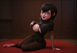 1girls ai_generated black_hair blue_eyes blush bodysuit breasts_out civitai cleavage clothes_lift goth_girl hotel_transylvania huge_breasts looking_at_viewer mamely32 mavis_dracula one_breast_out open_mouth pantyhose short_hair sitting smile thighhighs tongue_out vampire wink