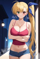 ahoge ai_generated bare bikini blonde_hair breasts camisole cleavage crop cutoffs denim hair heterochromia large long mahou_shoujo_lyrical_nanoha mahou_shoujo_lyrical_nanoha_strikers midriff ponytail ribbon short shorts shoulders side sling thighs top vivio