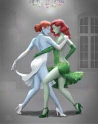 2girls backless_dress backless_outfit balandis-meow blue_skin dancing dress earrings elbow_gloves female female_only fully_clothed gloves green_skin high_heels png red_hair