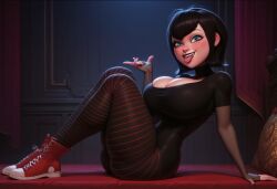 1girls ai_generated black_hair blue_eyes blush bodysuit civitai cleavage goth_girl hotel_transylvania huge_breasts looking_at_viewer mamely32 mavis_dracula on_bed open_mouth pantyhose short_hair sitting smile thighhighs tongue_out vampire