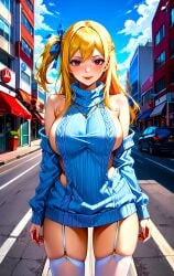 1girls ai_generated anime babe blonde_female blue_sweater brown_eyes buildings busty car city clothed_breasts curvy_female cute day fairy_tail female_only hair_ribbon large_breasts lipstick long_hair long_hair_female looking_at_viewer lucy_heartfilia necklace ribbon smile stable_diffusion stockings street sweater thick_thighs toongenai vertical_stripes virgin_killer_sweater white_stockings