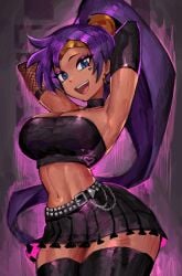 1girls armwear belt big_breasts black_gloves black_skirt black_thighhighs blue_eyes breasts ear_piercing earrings elbow_gloves emo eyeshadow female female_only fishnet fishnet_armwear fishnets gloves goth goth_girl hair hands_behind_head hips hoop_earrings legwear neckwear ponytail purple_eyeshadow purple_hair saiykik shantae shantae_(character) short_skirt skirt smile solo solo_female thighhighs thighs tubetop wide_hips