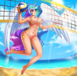 1girls 2016 areola ball barefoot beach breasts cutie_mark erect_nipples feathered_wings feathers feet female female_only friendship_is_magic highres holding_ball horn human human_only humanized humanoid jumping large_breasts long_hair mammal multicolored_hair my_little_pony navel nipples nude outdoors princess_celestia_(mlp) purple_eyes pussy racoonkun seaside shiny shiny_hair shiny_skin solo sport sun thighs toes very_long_hair volleyball volleyball_net white_feathers wings