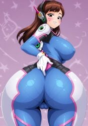 abstract_background ai_generated ass_focus big_ass big_breasts blush bodysuit brown_eyes brown_hair busty cameltoe curvy d.va female female female_only from_behind gloves hi_res highres looking_at_viewer overwatch perky_breasts pose seraphim_ai smile solo stable_diffusion thick_thighs