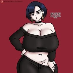 annoyed black_hair chubby coloredyiddies lei_(coloredyiddies) massive_breasts original_character red_eyes sports_bra yoga_pants