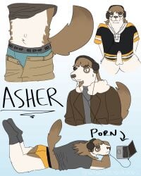 absurd_res anthro asher_(wannabeyourdog2) average_penis balls bangs blue_briefs blue_clothing blue_underwear bottomless bottomwear bottomwear_down briefs brown_hair canid canine canis clothed clothing clothing_lift computer domestic_dog electronics erection footwear fur genitals hair headphones hi_res hockey_jersey humanoid_genitalia humanoid_penis jacket laptop looking_at_porn male mammal midriff multiple_images pants pants_down partially_clothed penis pornography shirt shirt_lift simple_background socks solo t-shirt tail topwear topwear_only underwear undressing wannabeyourdog2 yellow_briefs yellow_clothing yellow_underwear