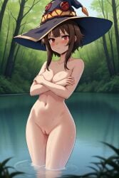 1girls ai_generated brown_hair caught_naked forest kono_subarashii_sekai_ni_shukufuku_wo! lake looking_at_viewer megumin naked naked_female nude nude_female pout pussy red_eyes thick_thighs wet wet_body wide_hips witch_hat