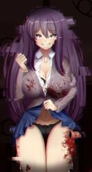 1female 1girls big_breasts black_bra black_panties blood blue_skirt bra bra_peek breasts cleavage clothed collarbone doki_doki_literature_club female lifted_by_self lifting lifting_skirt long_hair panties purple_eyes purple_hair sana!rpg skirt skirt_lift thighs yuri_(doki_doki_literature_club)