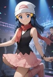 ai_generated beanie blue_eyes clothing dawn_(pokemon) looking_at_viewer nightclub skirt