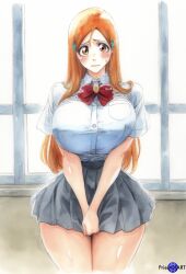 1girls ai_generated big_breasts bleach blush breasts classroom color embarrassed female female_focus female_only front_view huge_breasts indoors inoue_orihime large_breasts long_hair orange_hair priestofart school school_uniform schoolgirl schoolgirl_uniform shirt skirt solo solo_female solo_focus standing sweatdrop tagme tagme_(artist) tagme_(character) thick_thighs thin_waist v_arms watermark wide_hips