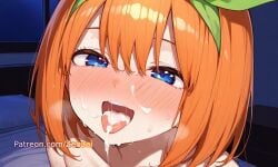 1girls after_fellatio ai_generated bangs bed bedroom blue_eyes blush cum cum_in_mouth cum_on_tongue facial female full-face_blush go-toubun_no_hanayome green_ribbons hair_ribbon looking_at_viewer nakano_yotsuba nipples open_mouth orange_hair patreon ribbon smile solo sweat tongue tongue_out wet zenaai